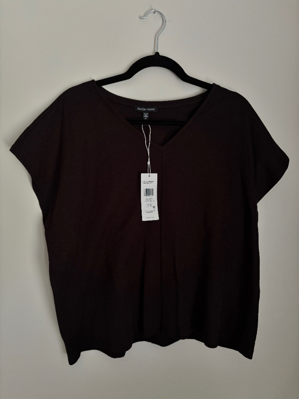 NWT Eileen Fisher Organic Cotton Slub Rib V-Neck Square Top Medium Black $138